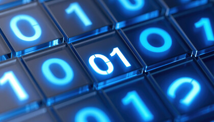 Digital Binary Code: Close-up of glowing binary code numbers on a technological interface, highlighting the foundational language of the digital world.