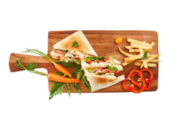 Vegetable Sandwich with French Fries on Wooden Board – Lettuce, Tomato, and Carrot Isolated on White with Clipping Path