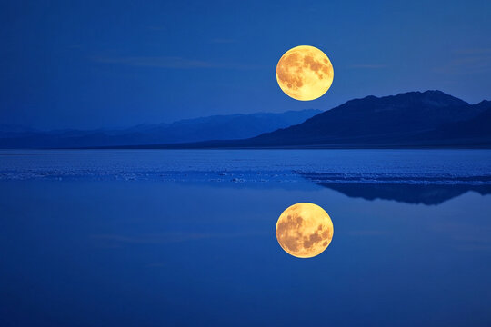 A full moon reflecting off the salt flats, illuminating the landscape