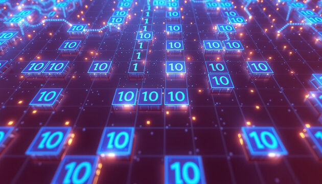 Digital Innovation: A close-up view of a high-tech circuit board with glowing blue digital numbers in a matrix, representing the core of data processing and technological advancement.