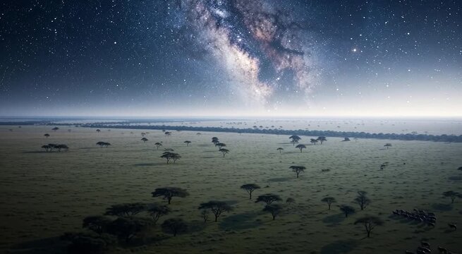 Aerial view of a wildebeest migration on the savanna under the Milky Way