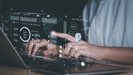Business analyst use digital tablet and laptop, holographic financial dashboard, global data visualization, represent fintech innovation, AI-driven investment analysis, smart business growth strategy.