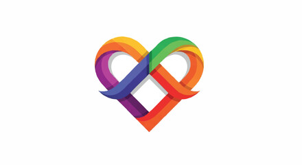 Dynamic colorful vector heart icon featuring interwoven ribbons in rainbow hues, symbolizing infinite love, unity, and diverse connections for a thriving community