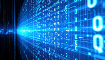 Naklejka premium Digital Stream: A dynamic display of digital code surges forward in a captivating visual symphony of data. Highlighting the elegance of digital stream and digital structure.