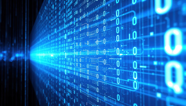 Digital Stream: A dynamic display of digital code surges forward in a captivating visual symphony of data. Highlighting the elegance of digital stream and digital structure.