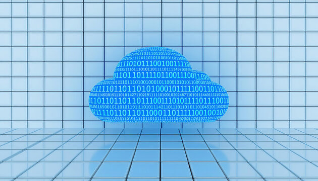 Digital Cloud Transformation: An abstract depiction of cloud computing. A data-filled cloud hovers above a grid, representing the digital world and the future of data.