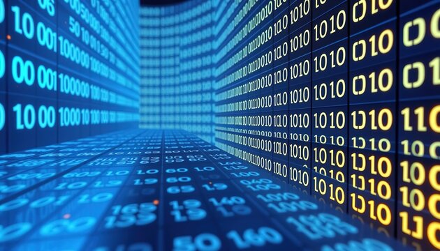 Digital Data Stream: A mesmerizing visual of a continuous stream of binary code, representing the essence of data, information, and the digital age.
