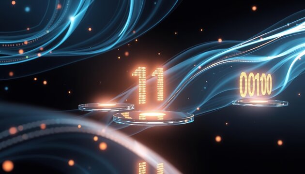 Digital Data Flow: A captivating visual representation of binary code and numbers, interwoven with dynamic light trails and particle effects.