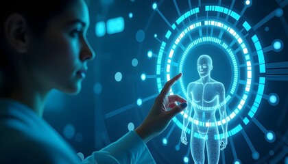 Futuristic concept showing a person interacting with a virtual AI hologram and data interface.