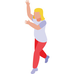 Stylized Blond Woman In White T Shirt And Red Pants With Arms Raised In A Dynamic Pose On A Transparent Background