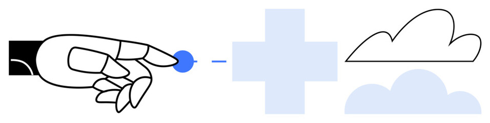 Robotic hand interacts with a digital element next to cloud icons and a plus sign. Ideal for technology, AI, cloud computing, science, innovation, digital transformation, connection. Simple flat