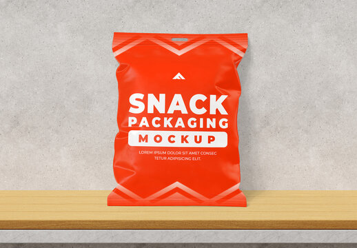Stand-up Snack Packaging Bag Mockup on Wooden Surface with Shadow