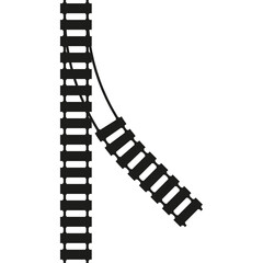 Stylized Black and White Illustration of Railway Tracks Bending and Connecting to a Vertical Line on a Transparent Background Representing a Crossroads or Junction Point
