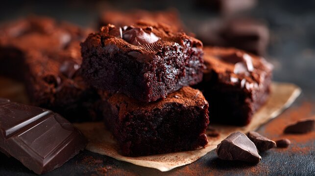 Rich, fudgy squares of dark chocolate dessert are stacked closely together on parchment paper