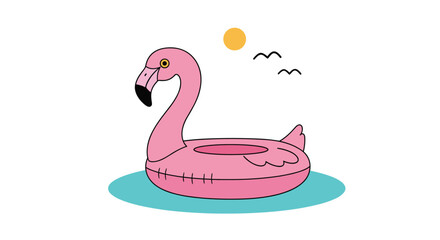 Fototapeta premium A cheerful pink flamingo pool float drifts serenely on calm blue water under a bright summer sun with birds flying by.