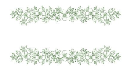 Elegant green floral line art borders featuring delicate flowers and leaves, forming decorative botanical frames for various design projects.