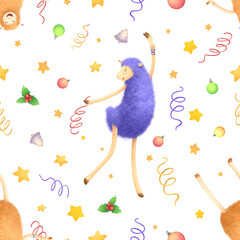 A watercolor illustration of a seamless Christmas pattern with sheep. Hand drawn in a simple, childlike style. The design is suitable for decorating wrapping paper and other printed materials.