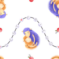 A seamless pattern with a friendship bracelet and sheep girlfriends. Watercolor illustration in a simple, childish style.