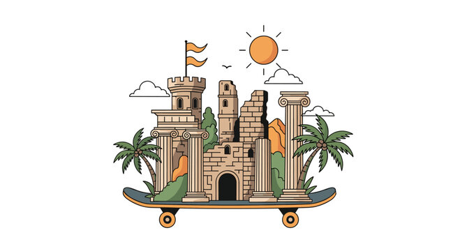 A whimsical graphic illustration depicting ancient ruins, a castle, and palm trees on a skateboard under a sunny sky, blending history with adventure.