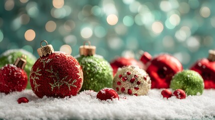 Assortment of shimmering holiday ornaments resting in white artificial snow against a bokeh background