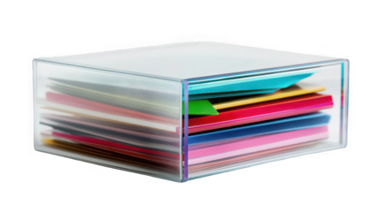 A clear plastic box filled with colorful paper stacked neatly on a black background studio shot