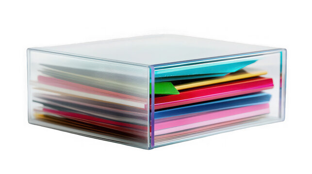 A clear plastic box filled with colorful paper stacked neatly on a black background studio shot