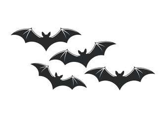 Group of Four Black Bats Flying Silhouette Vector Set