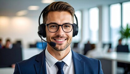 Smiling businessman wearing glasses and headset, providing customer service in a modern office environment.