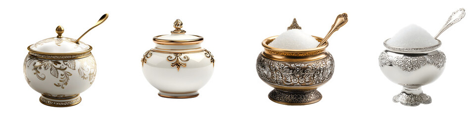 Sugar bowl – A small container used for holding sugar, often with a lid and a small spoon for serving. Isolated on Clear White Background Highly Detailed 