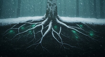Winter Tree Roots Glowing Mysteriously Beneath Snow Covered Ground in a Forest Scene with Snowfall