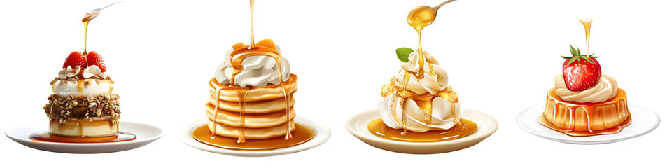 Syrup drizzle – A drizzle of syrup typically golden or maple over desserts. Isolated on Clear White Background Highly Detailed 