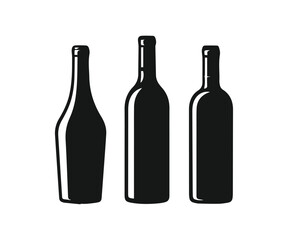 Set of Three Black Wine Bottle Silhouettes Vector Icons