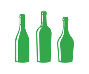 Set of Three Green Wine Bottle Silhouettes Vector Icons