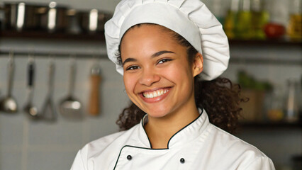 Smiling female chef portraits in uniform