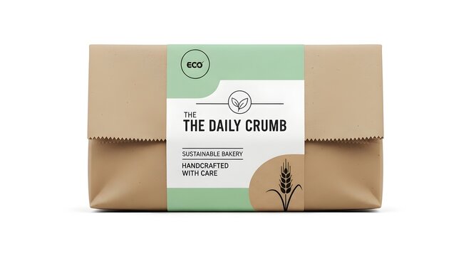 Thoughtfully designed eco-friendly packaging for freshly baked artisanal bread, emphasizing sustainable practices and a handcrafted commitment to quality