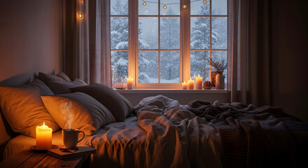 Winter Escapism Cozy Bed with Candlelight and Snowy Window View