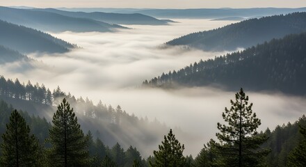Obraz premium Foggy mountain landscape scenic view forest trees nature travel outdoor adventure beautiful morning sunrise sky