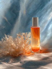 Fototapeta premium Essence Bottle Beside Coral on Sand with Blue Light Reflection