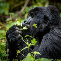 Obraz premium A close-up captures a gorilla eating leaves in a lush, green environment