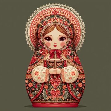The video is an illustration in the style of Matryoshka dolls (Russian nesting dolls) with religious motifs. The dolls are depicted holding a cross and have decorations like a halo behind their heads.
