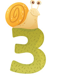 Cute cartoon snail perched atop a large green textured number three with a swirled yellow shell and big cartoon eyes on a transparent background