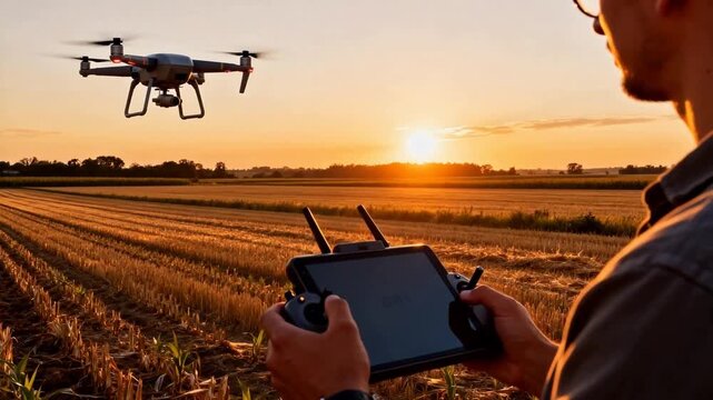 Man operating drone over field at sunset