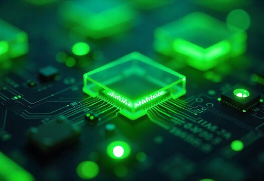Futuristic green technology background featuring 3D fractal structures, glowing circuits, and digital network patterns. Ideal for illustrating innovation, AI, data communication, and modern cyberspace