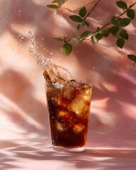 Iced Coffee Splashing Mid Motion with Shadows and Bonsai Branch