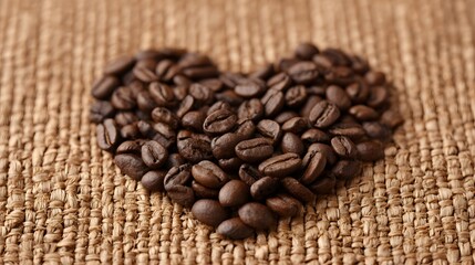 Fototapeta premium Roasted brown coffee beans arranged neatly into a symbol of affection on a woven natural fiber surface.