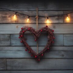 Heart shaped wreath with string lights on wood background