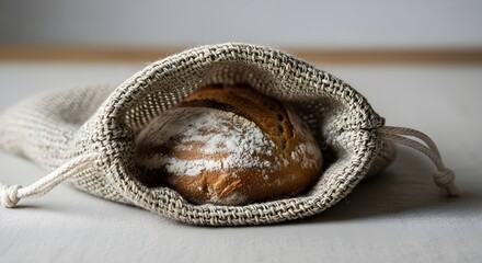 Rustic whole grain bread nestled in a breathable, eco-friendly fabric bag, offering a sustainable and natural approach to food packaging