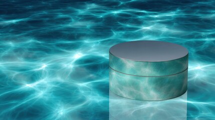 Cream Tin Resting on Aqua Ocean Floor Surrounded by Light Waves