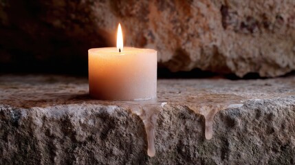 Candle on Weathered Stone Ledge with Wax Drips Surrounded by Nature