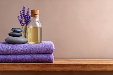 Lavender Oil Display with Soft Towels and Smooth Stones on Shelf